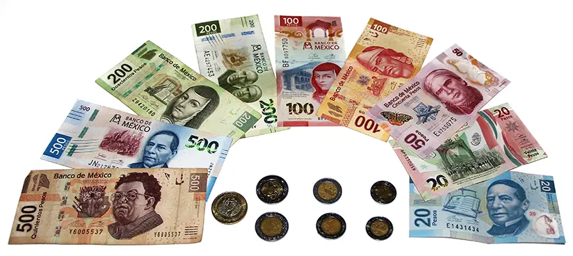 Banknotes and coins in Mexican pesos