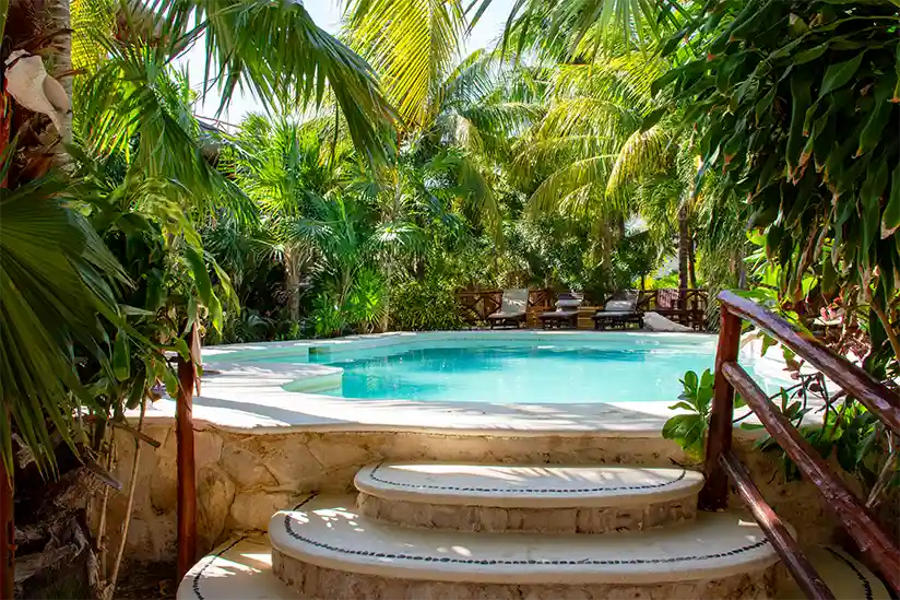 Der Pool im Garten von Ensueño Apartments Holbox & Beach Club umgeben von Palmen.