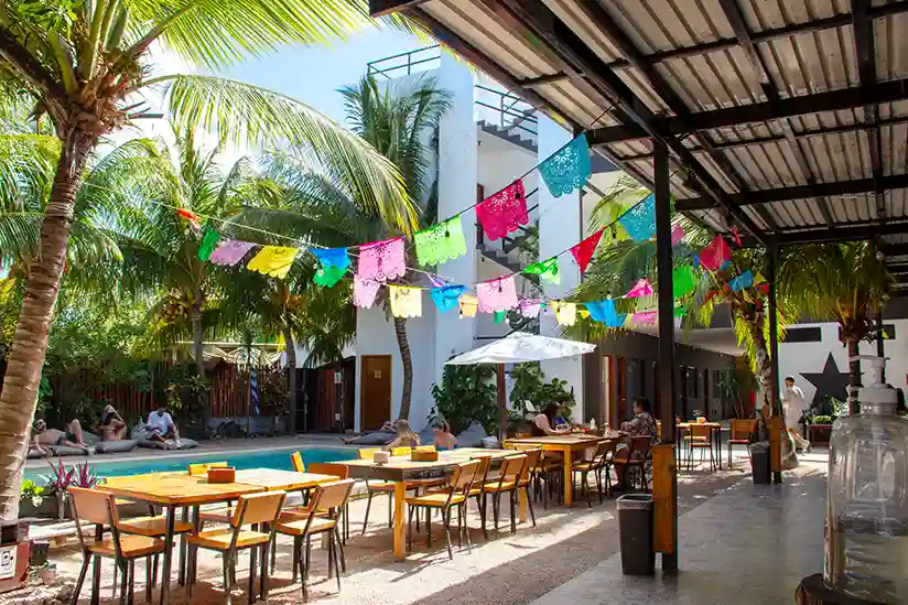 The palm-lined pool inside Che Hostel & Bar.