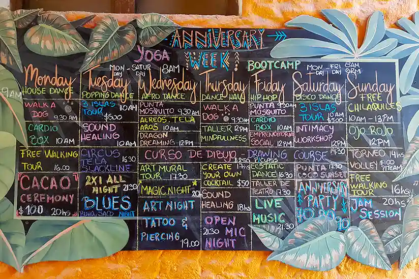 The best hostels in Holbox offer numerous activities on a board.