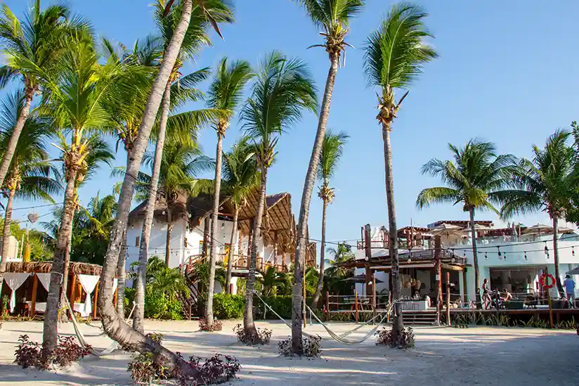 Courtyard with palm trees at the all-inclusive Villas HM Palapas del Mar hotel in Holbox.