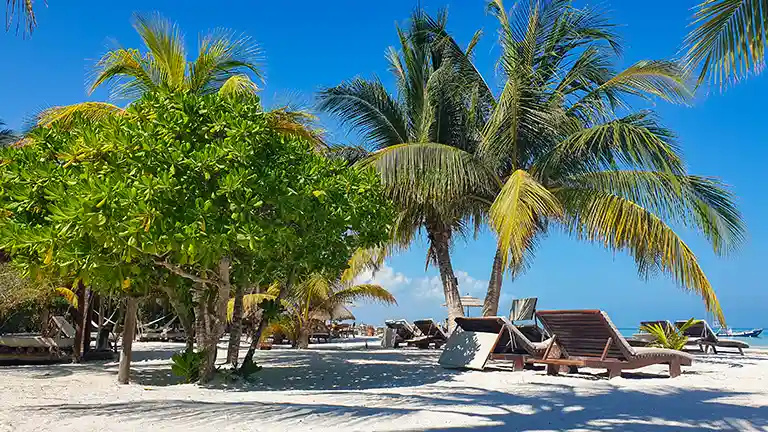 Traumhafter Strandabschnitt auf Holbox mit Sonnenliegen unter Palmen – ideal für einen entspannten Urlaub.