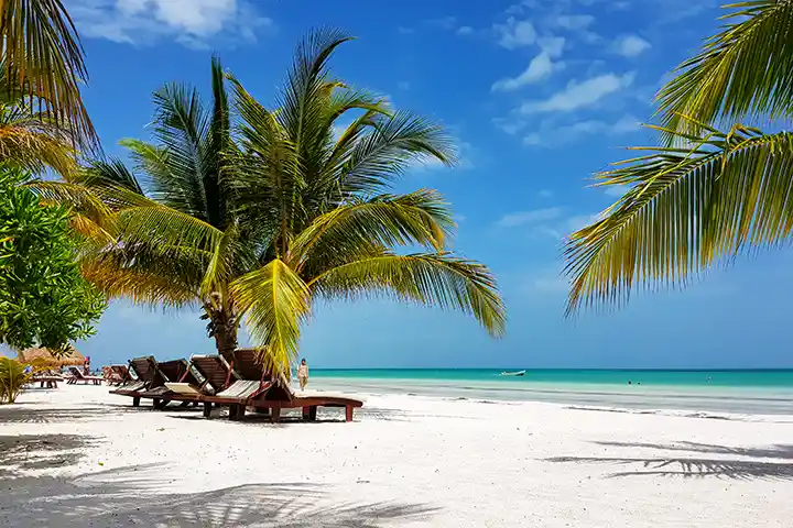 Empty Holbox beach with palm trees, sunbeds, and a person walking along the shore.