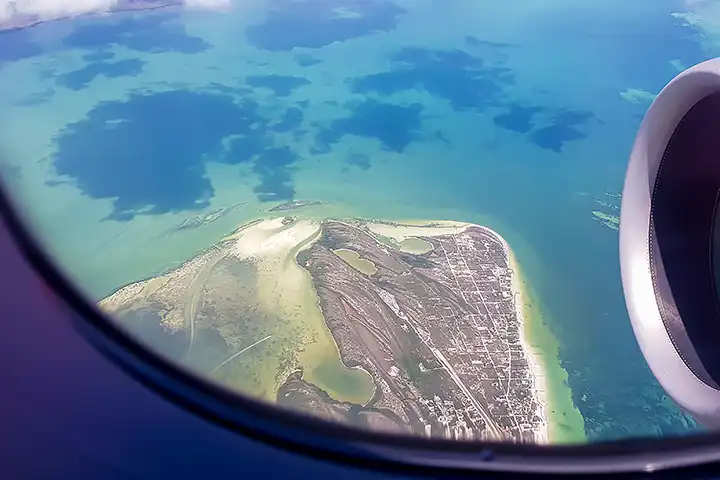 Aerial view of Isla Holbox photographed from an airplane window while getting there.