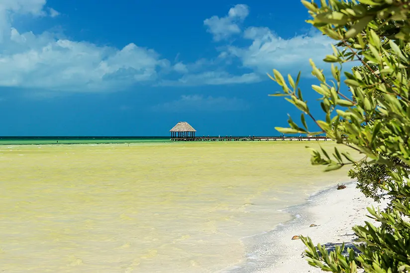 Punta Cocos beach with a pavilion and shallow turquoise water.