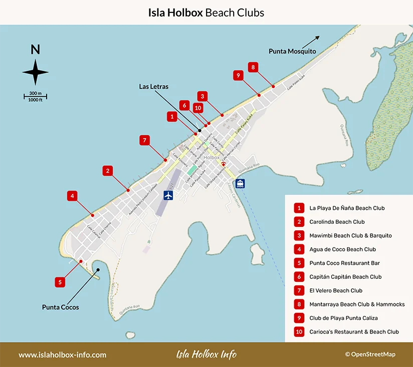 Map of the best Beach Clubs on Isla Holbox
