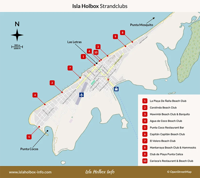 Karte der besten Strandclubs auf Isla Holbox