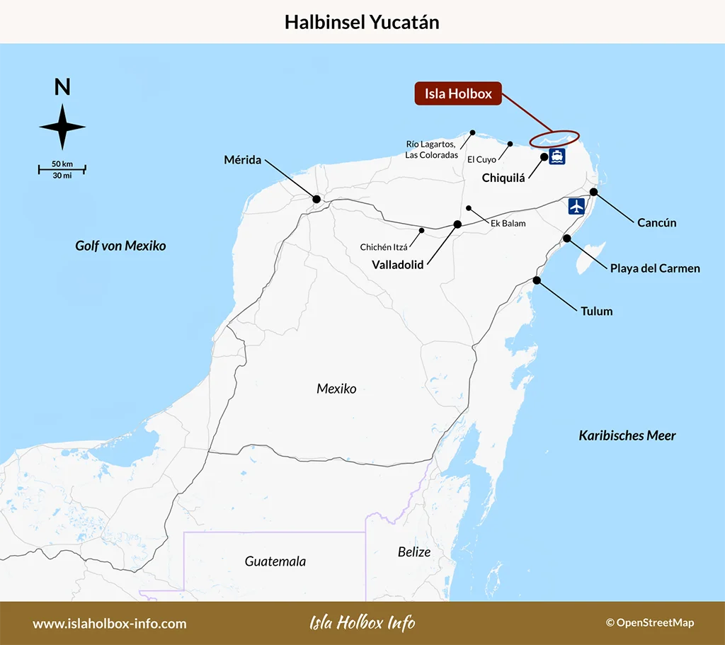 Karte der Halbinsel Yucatán mit der Lage von Isla Holbox, Chiquilá und Cancún in Mexiko.