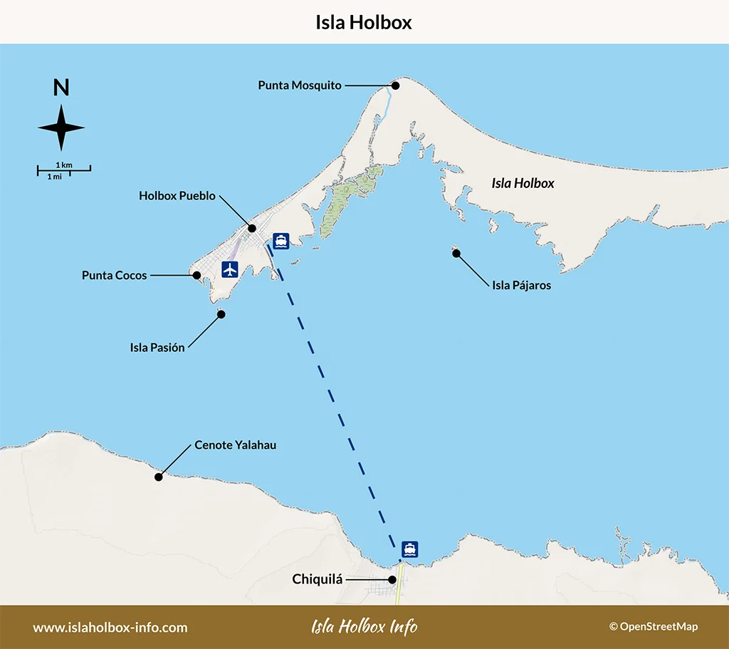 Map of Isla Holbox showing Holbox Pueblo, Punta Mosquito, Punta Cocos, and Isla Pasión in Mexico